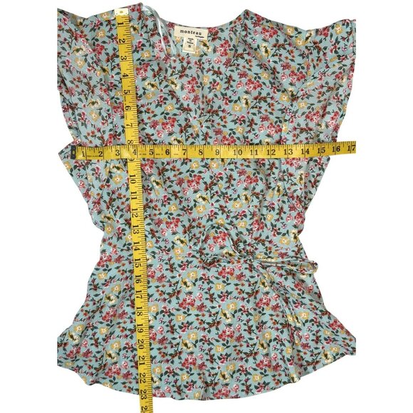 Monteau Brick Size S Womens Floral Summer Faux Wrap Top Ruffle Sleeve Blue Pink - Picture 8 of 9